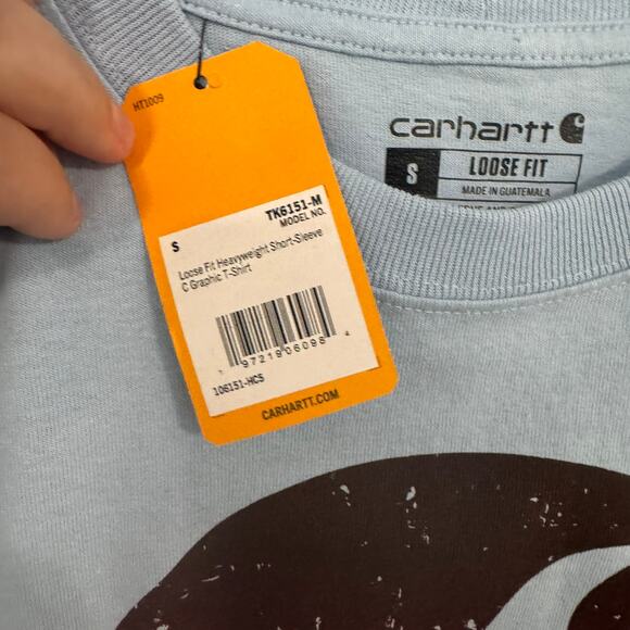 NWT Carhartt Logo Tee Shirt Mens Size Small Light Blue Short Sleeves Heavyweight - Picture 6 of 8